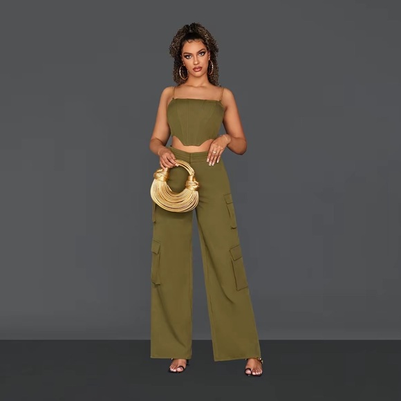 The Real Clean Company Pants - Elevated Street Style High Waist Cargo Pants + Corset Top Set Army Green Size L